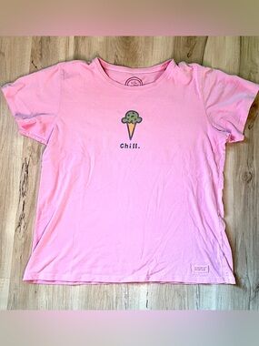 Life Is Good, Pink 'Chill' Ice Cream Graphic Tee - women’s size: Large EUC